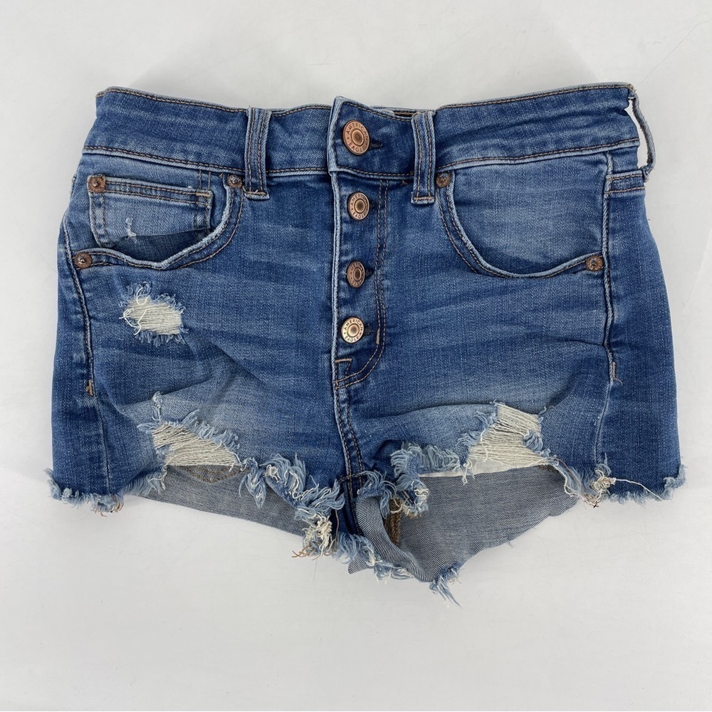 American Eagle Hi-Rise Shortie Button Fly Distressed Shorts Blue Women’s Size 2